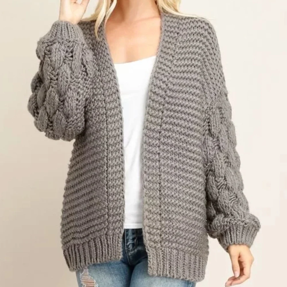 Grey Chunky Knit Sweater Cardigan - Picture 1 of 2